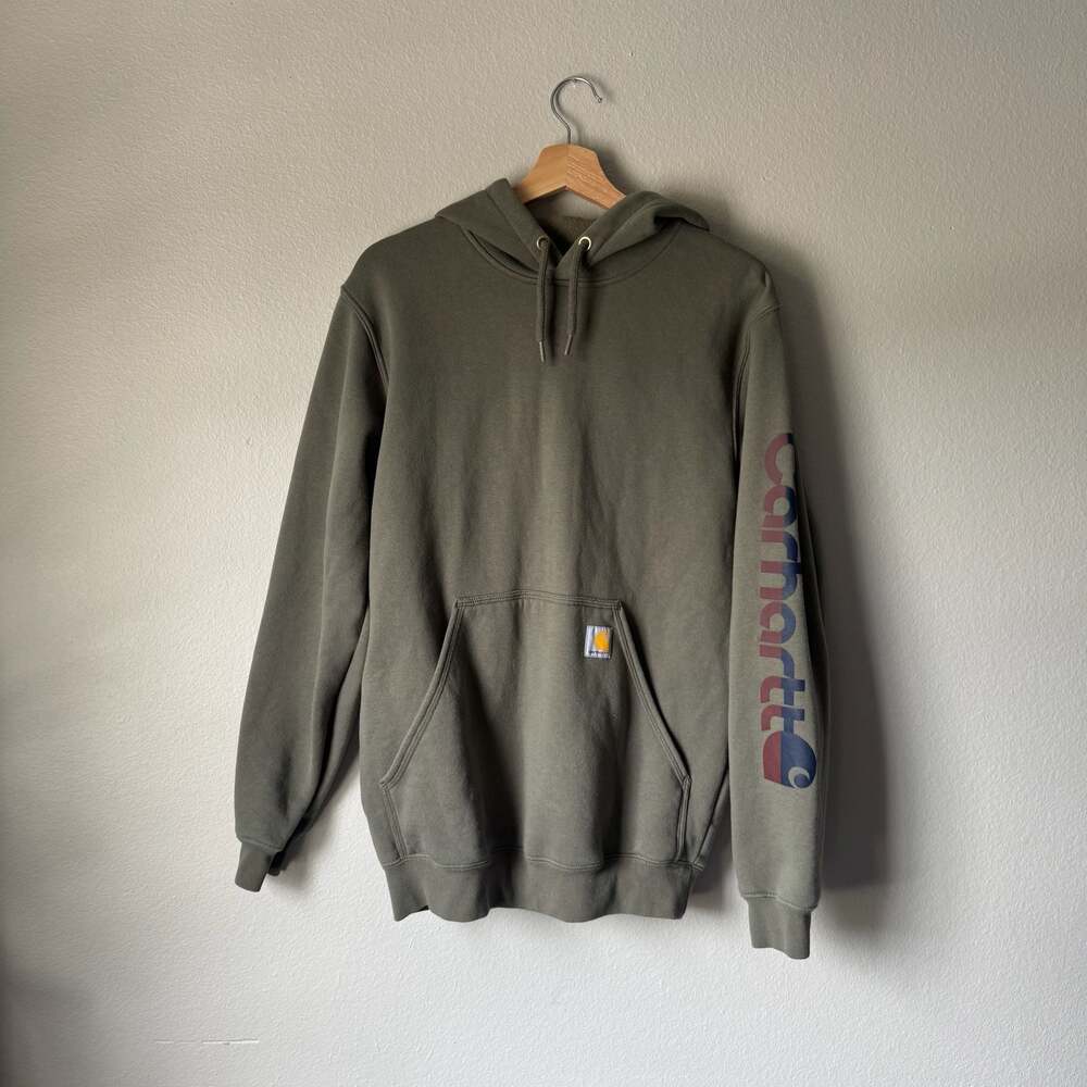 Carhartt Loose Fit Sleeve Logo Hoodie Olive Green Workwear Size S